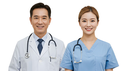 Fototapeta premium Portrait of a smiling doctor with a female nurse, isolated on transparent background