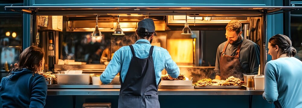 A vibrant food truck serving delicious street food to happy customers - Powered by Adobe