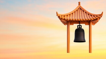 Obraz premium Traditional bell hanging from pagoda structure against a serene pastel sunset sky evoking peace and tranquility