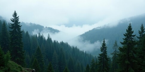 Fototapeta premium Dense fog rolls over a boreal forest landscape of towering conifers and evergreen trees, nature, wilderness, woodsy