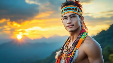Young Asian man in traditional tribal attire, posing against a vibrant sunset backdrop.