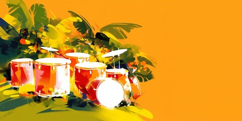 Red drum kit with green tropical leaves on orange background, minimalist music illustration. Modern artistic design for concert poster or festival advertisement with copy space