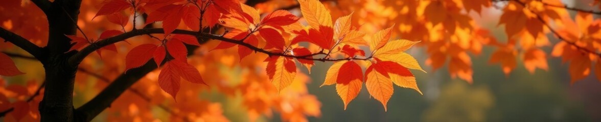 Fototapeta premium Virburnum tree with changing leaves in autumn, orange shades, deciduous tree