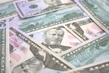 Background of pile of 50 dollar bills