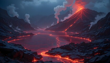Low Poly Volcanic Lake with Lava and Fiery Glow