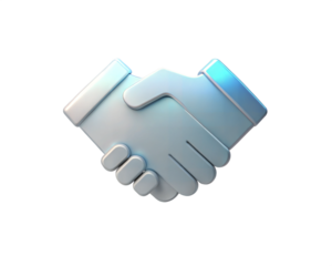 A sleek, modern 3D holographic handshake icon, isolated on white background, symbolizing partnership, collaboration, and trust in a minimalist design.