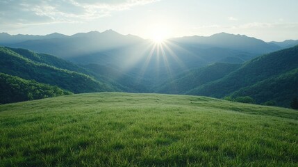 Obraz premium Sunrise over mountain meadow, scenic landscape, peaceful nature background, travel poster