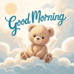 A soft, fluffy teddy bear, surrounded by morning sunlight, is depicted in a playful, pastel blue illustration with Good Morning written in bold cursive script. The bear's facial features are rounded, 
