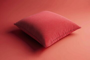 A Square Red Pillow Is Centered On Matching Background