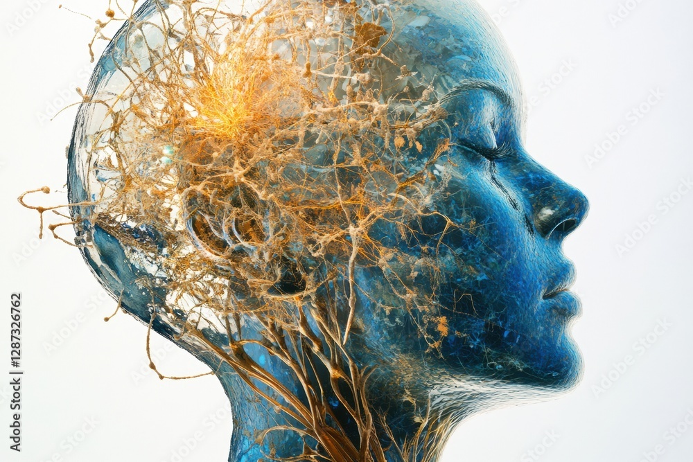 Fototapete Complex neural connections and glowing synapses illustrate the essence of artificial intelligence in human thought. Generative AI