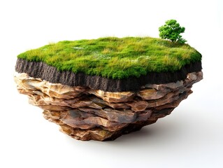Floating Island with Green Meadow and Tree on White Background Earth Cross Section Concept