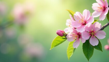 Obraz premium Soft pink cherry blossoms against light green foliage, flowers, floral background