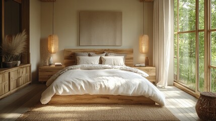 A bedroom in light almond tones, soft almond-colored walls, wooden furniture, neutral bedding, glowing warm light, and natural textures for a serene atmosphere 