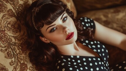 Naklejka premium A young woman with dark hair and red lipstick reclines on a patterned couch, gazing at the camera.