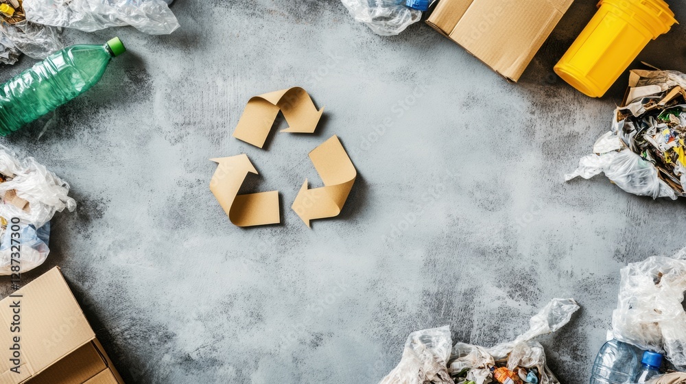 Poster conveyor belts sort various recyclables in a recycling plant, emphasizing the importance of waste ma