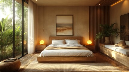 A bedroom in muted rosewood tones, featuring rosewood-colored walls, beige bedding, glowing ambient light, natural wooden furniture, and minimalist decor for a cozy feel 