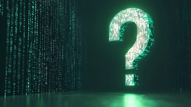 Glowing Green Question Mark in Digital Matrix Background