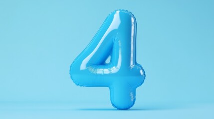 Blue foil balloon number four on pastel background, minimalistic style. Celebration and party concept