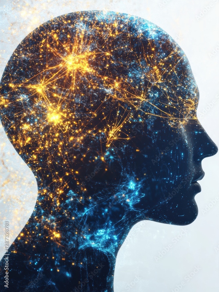 Aufkleber Human head profile with neural connections displaying artificial intelligence and cybernetic elements during a creative visualization. Generative AI