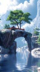 Fototapeta premium Stone Arch Bridge with Wooden Walkway and Solitary Tree Over Tranquil Water in a Rocky Landscape