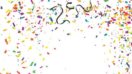 Vector serpentine, abstract background with many falling tiny colorful confetti pieces and ribbon. Carnival, Christmas or New Year decoration colorful party pennants for birthday