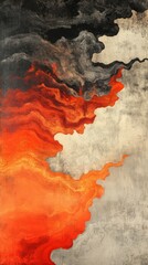 Fiery abstract art painting in shades of orange, red, and gray.
