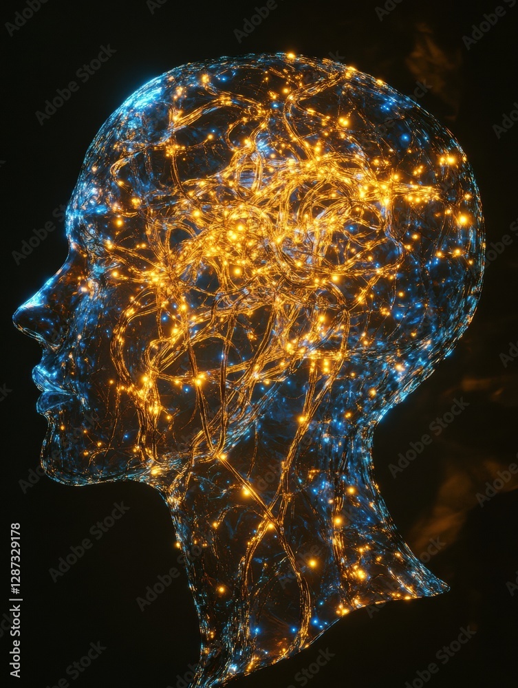 Poster profile of a human head with neural connections showcasing the essence of artificial intelligence du