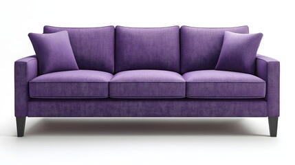 Elegant three seater sofa with purple fabric and two pillows on a white background