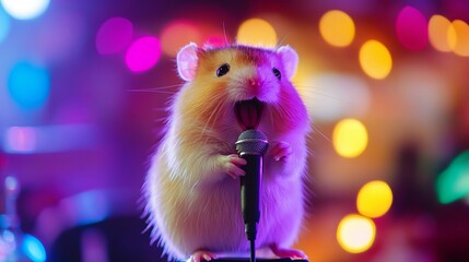 Adorable Hamster Singing On Stage With Colorful Lights. Concert, Fun.