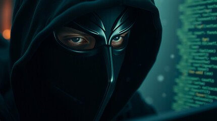 Close-up portrait of a hacker in a hood and a dark mask, blurred digital code on the background screen