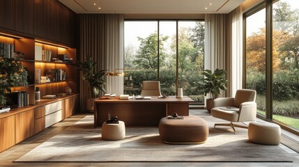 Fototapeta premium A cozy office in deep tawny tones with tawny-colored walls sleek wooden furniture beige decor accents and glowing golden light creating a warm and inviting workspace 