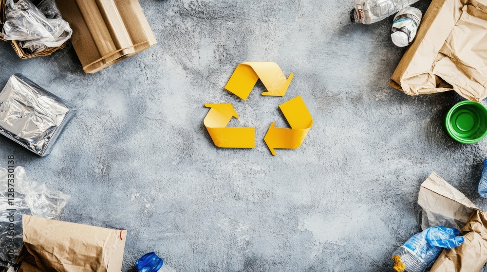 Aufkleber Recycling plant features conveyor belts sorting waste materials in an industrial setting for sustainable processes and practices. Generative AI