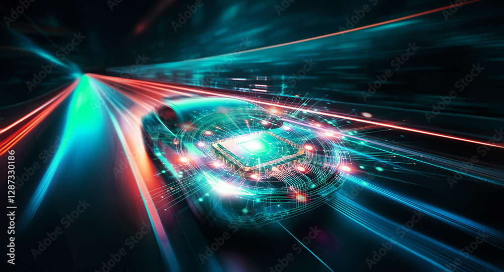 Leinwandbilder A see-through car with a glowing circuit board on its hood is swiftly moving through a tunnel illuminated by blue and orange light trails, symbolizing future tech.