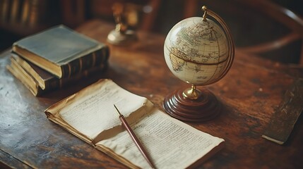 Old World Study with Globe, Books, and Pen on Wooden Desk