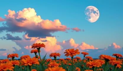 Obraz premium A captivating twilight scene unfolds across a field of vibrant orange marigold flowers, their petals aglow in the soft, fading light.