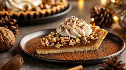 A slice of rich maple walnut tart served with whipped cream and a sprinkle of cinnamon, surrounded by Thanksgiving-themed table decorations