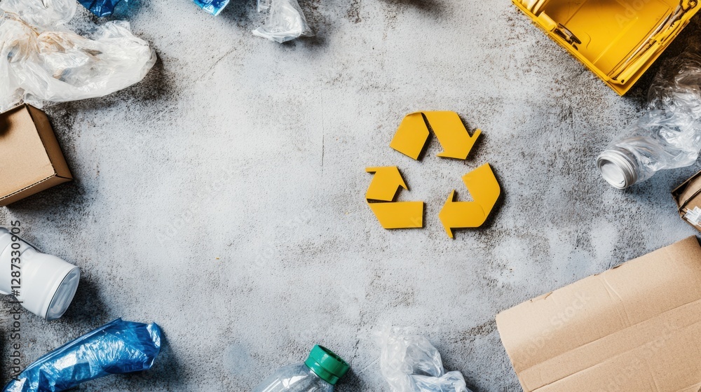 Poster Sorting waste at a recycling plant with conveyor belts and open space for text. Generative AI