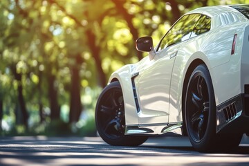 A white sports car is parked on a road in a forest, peaceful and serene atmosphere