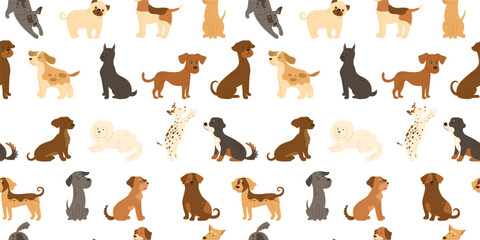 Cute Dogs cartoon seamless pattern. Funny childish dogs of different breeds boundless background. Puppy in various poses playing sitting, standing endless template design. Pedigree pet animals vector