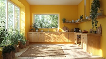 Fototapeta premium A kitchen in light golden yellow tones, featuring warm wooden cabinetry, soft yellow walls, glowing under-cabinet lighting, natural decor accents, and clean lines