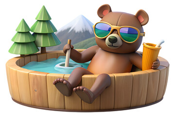 Cool Bear Relaxing in a Hot Tub with a Mountain View