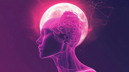 Fototapeta premium Woman's head with a large moon behind it. Pink and purple tones.