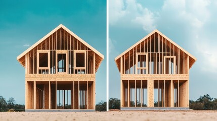 Obraz premium A modern wooden house frame showcasing construction progress with open spaces and clear skies, highlighting architectural design and structure.