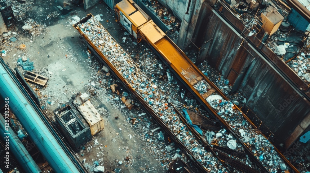 Poster industrial recycling plant with conveyor belts sorting waste in a spacious open area for text. gener