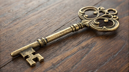 Antique decorative key with intricate design on wooden surface