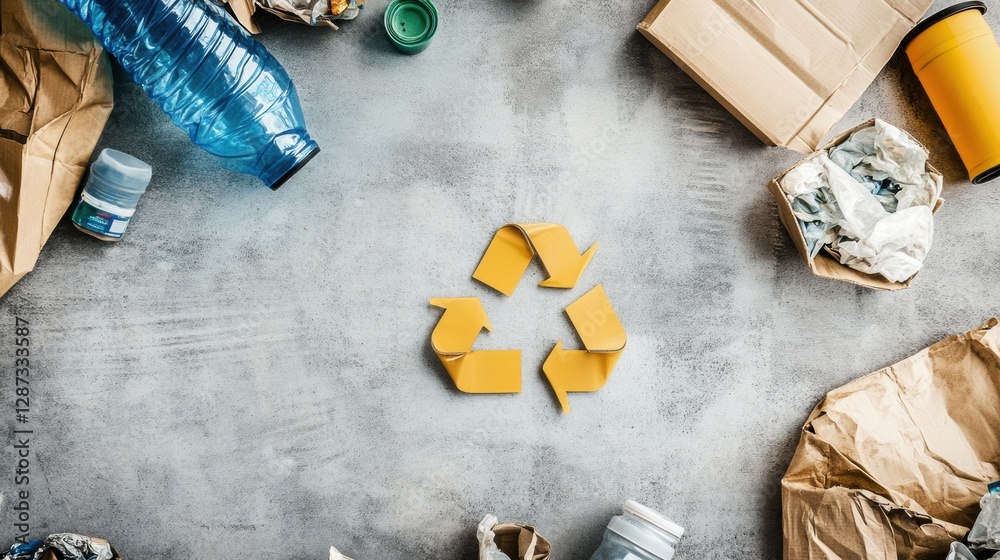 Poster industrial recycling plant with conveyor belts and sorted waste showcasing sustainable practices in 