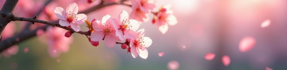 Obraz premium Soft petal blossoms fall gently from a tree branch, serene landscape, spring bloom, gentle touch