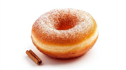A single apple cider donut, close-up view, glazed with a cinnamon-sugar topping, classic homemade look, realistic texture, isolated on white background