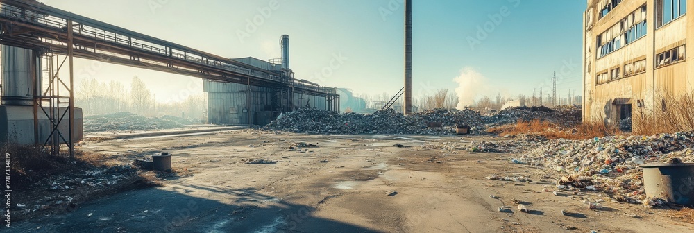Aufkleber Recycling plant with conveyor belts and sorted waste in an industrial setting offering ample space for informative content. Generative AI
