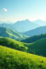 Obraz premium Rolling hills with silty mountains in the distance, serene, peaceful